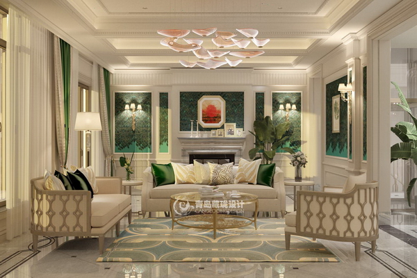 美式风格装修设计_青岛璞玉岛别墅效果图